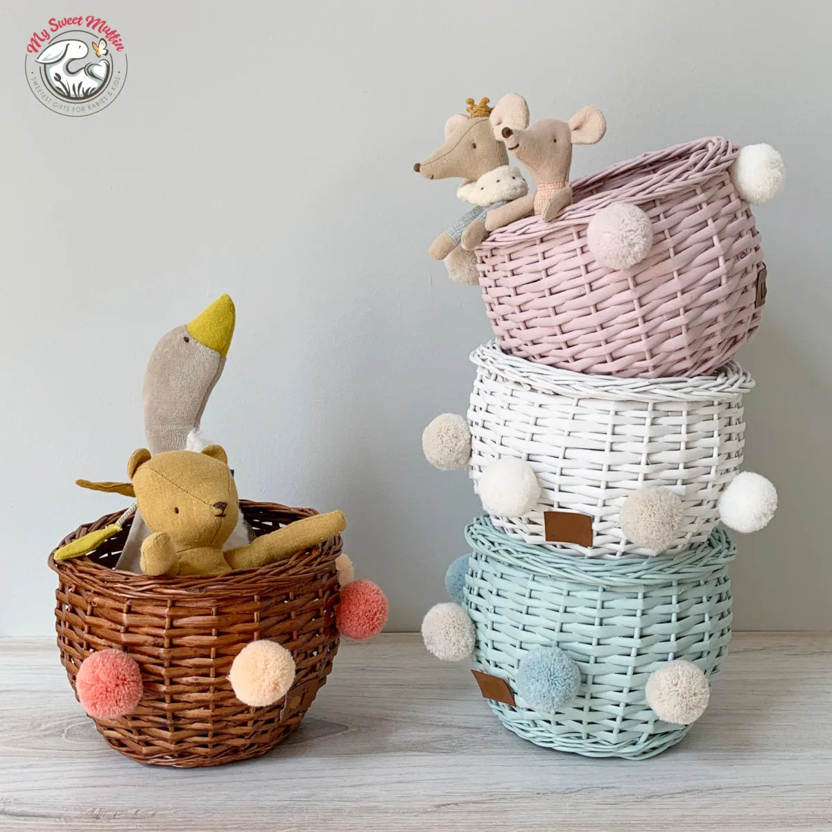 Lilu PomPom Wicker Basket, Dusty Mint