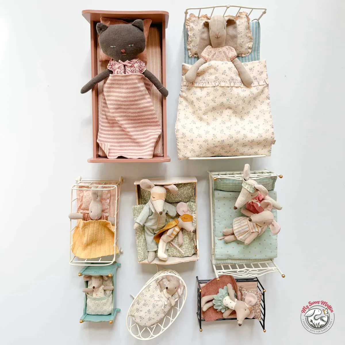 Maileg Metal Doll Crib with Bedding, Blue